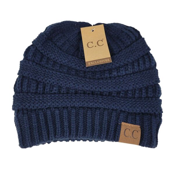 C.C. Navy Cable Knit Beanie Hat One Size - Picture 1 of 5